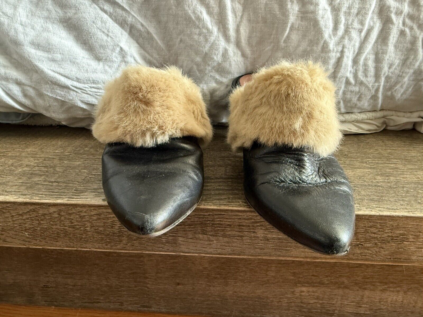 Barney's New York Black Leather Faux Fur Mules Women's Size 37